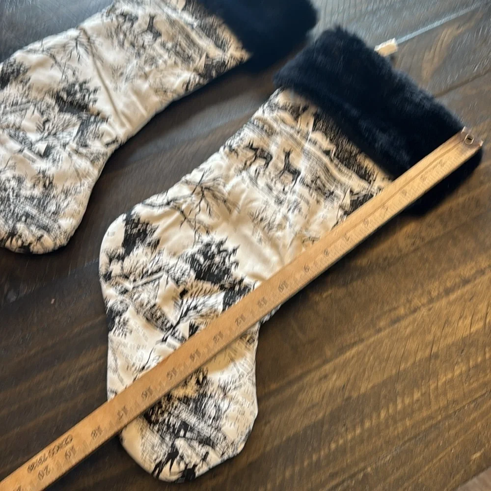 2 Toile Christmas Stocking Faux Fur Trim Homestead Country Cottagecore Christmas